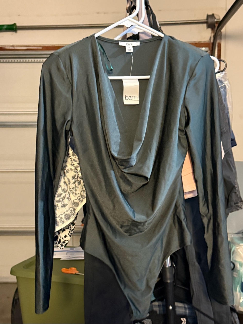 Bar III Dark Green Draped Cowl Neck Long Sleeve Bodysuit